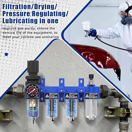 1/4"NPT Air Filter Regulator Lubricator Combo, Air Regulator and Water Separator,Air Compressor Water Separator,5 Micron Brass Filter Cartridge,Double Desiccant Dryers-Blue