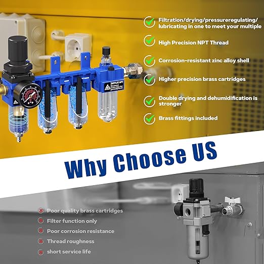1/4"NPT Air Filter Regulator Lubricator Combo, Air Regulator and Water Separator,Air Compressor Water Separator,5 Micron Brass Filter Cartridge,Double Desiccant Dryers-Blue