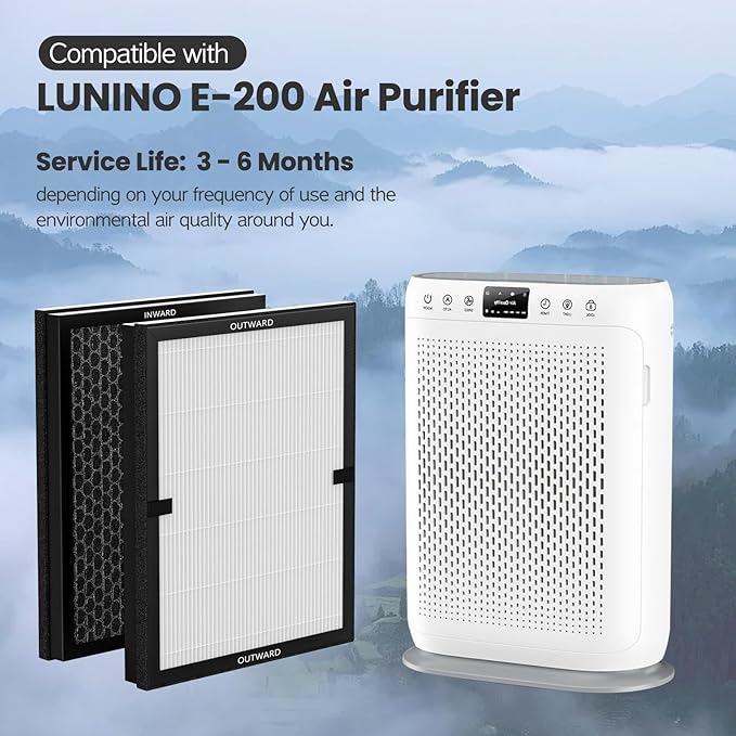 2 Pack E-200 HEPA Air Filter Compatible with LUNINO E-200 Air Purifier Filter Replacement 3 Stage Strong and Efficient Filtration For LUNINO Home Large Room up to 1740sq.ft