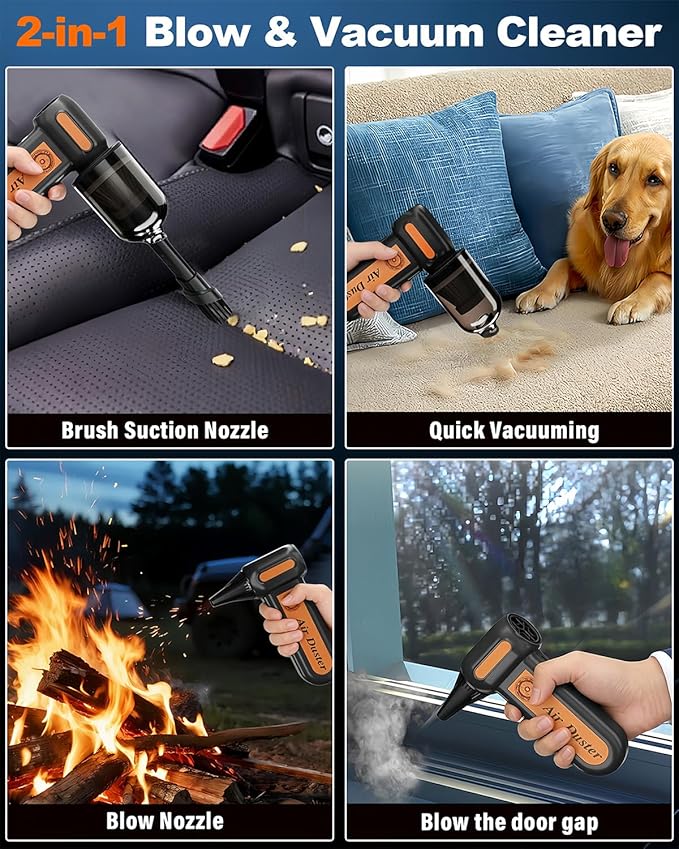 Powerful 2-in-1 Compressed Air Duster & Handheld Car Vacuum Cleaner with LED Light & 4-Gear Adjustable 150KRPM Brushless Motor, Rechargeable Cordless Mini Blowe for Car, Home, PC (2-in-1 Black)