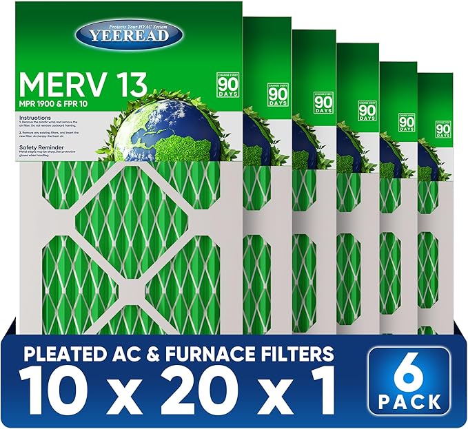 10x20x1 MERV 13 Air Filters, 6-Pack, Actual Size: 9.70" x 19.70" x 0.75", Pleated Design with Enhanced Filter Media for Superior Filtration,Perfect for HVAC, AC & Furnace Systems