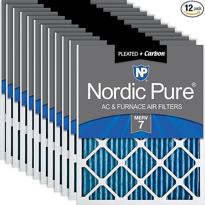 Nordic Pure 18x20x1 (Actual Size: 17 1/2 x 19 1/2 x 3/4) Pleated Air Filters MERV 7 Plus Carbon 12 Pack