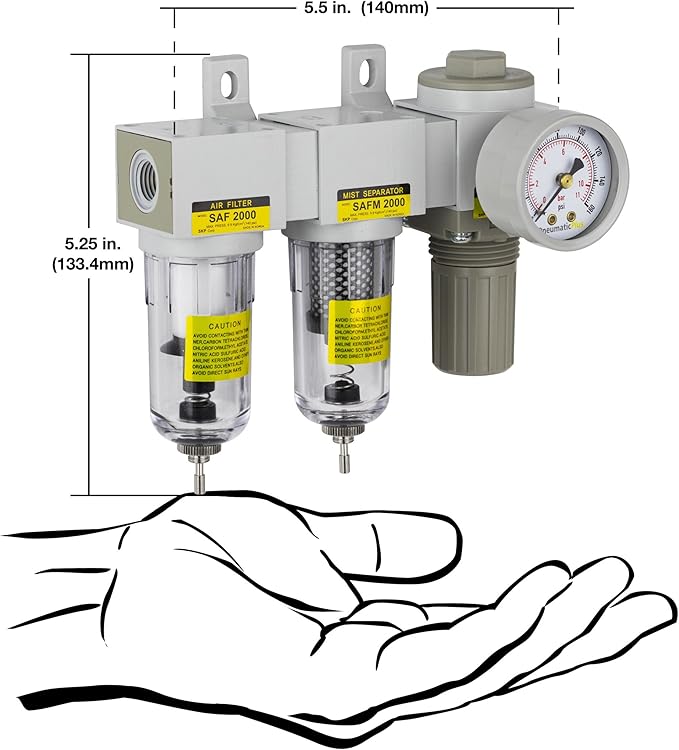 PneumaticPlus SAU2030M-N02G Mini Three Stage Air Drying System, 1/4" NPT - Particulate Air Filter, Coalescing Filter, Air Pressure Regulator Combo - Poly Bowl, Manual Drain