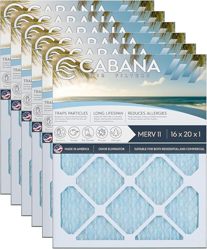 Cabana Filters 6-Pack 16x20x1 MERV 11 AC Furnace Air Filter for Home and Office - Indoor HVAC System Filtration Replacement, Captures Unwanted Particles