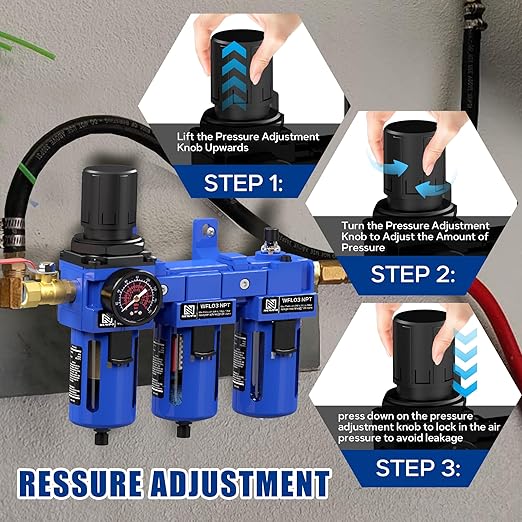 NEWPO 3/8'' NPT Compressed Air Filter Regulator Lubricator Combo Water/Oil Trap Separator with Pressure Gauge,Brass Filter and Coalescing Filter,Semi-Auto Drain, Metal Bracket-Blue