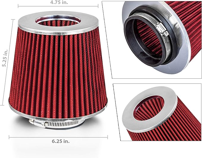 Mortar Aftermarket Auto Air Filter Replacement - Car Enthusiast Class Universal Cold Air Intake Gulps in More Air for More Engine Power & Passionate Induction Sound, 2.75 In, Red