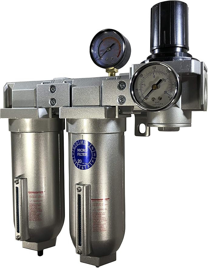 INDUSTRIAL RATED Three Stage Air Drying System - EXTRA LARGE BOWLS- Air Particulate Filter, 0.01 Micron Coalescing Filter & Air Pressure Regulator Modular Combo 1" NPT - Auto Drain, Metal Bowl