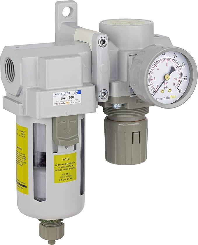 PneumaticPlus SAU420-N04G Compressed Air Filter Regulator Combo 1/2" NPT - Poly Bowl, Manual Drain, Bracket, Gauge