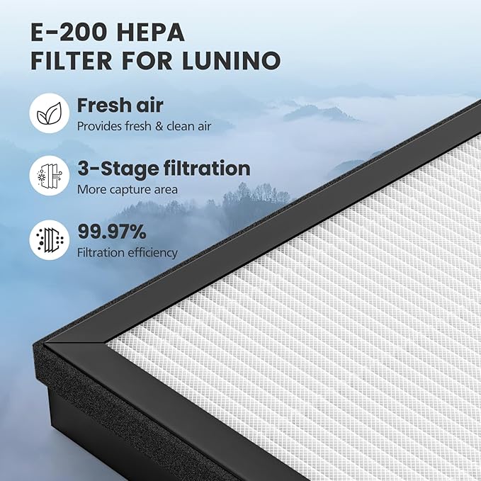 3 Pack E-200 HEPA Air Filter Compatible with LUNINO E-200 Air Purifier Filter Replacement 3 Stage Strong and Efficient Filtration For LUNINO Home Large Room up to 1740sq.ft