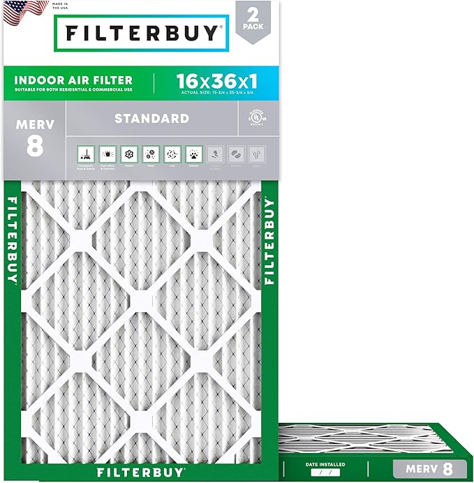 Filterbuy 16x36x1 Air Filter MERV 8 Essential Dust & Allergy Defense (2-Pack), Electrostatic Pleated HVAC AC Furnace Filters Replacement, Made in USA (Actual Size: 15.75 x 35.75 x 0.75)