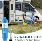 RV Water Filter, NSF Certified Camper Water Filter For RV Garden, Camping Must Haves For Reduces Chlorine, Bad Taste, Odor, Inline Hose Filter with 1 Flexible Hose Protectors, Pack of 2
