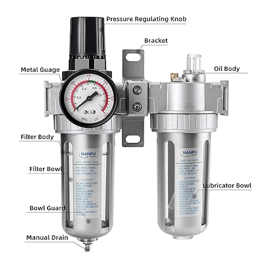 NANPU 3/8" NPT Air Filter Pressure Regulator Lubricator Dryer Gauge Kit Water/Oil Trap Separator 3 in 1 Twin Unit