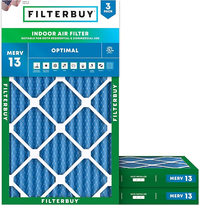 Filterbuy 16x24x2 Air Filter MERV 13 Optimal Smoke & Allergy Defense (3-Pack), Electrostatic Pleated HVAC AC Furnace Filters Replacement, Made in USA (Actual Size: 15.38 x 23.38 x 1.75)