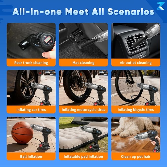 2 in 1 Cordless Car Vacuum and Air Compressor, 5000PA Powerful Suction & 150PSI Auto-Shutoff Tire Inflator, with 3 Filters, LED Light, 45W Fast Charging for Car, Home, Motorcycle, Bicycle, Air Mattres