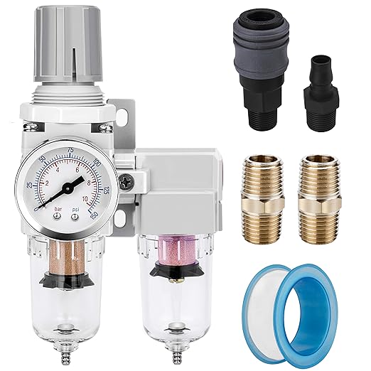 NANPU 1/4" NPT Air Dryer System - 5 Micron Particulate Filter, 0.5 Micron Coalescing Filter & Air Pressure Regulator, Water Trap Separator - Semi-Auto Drain,0-150 psi Gauge, Poly Bowl, Metal Bracket