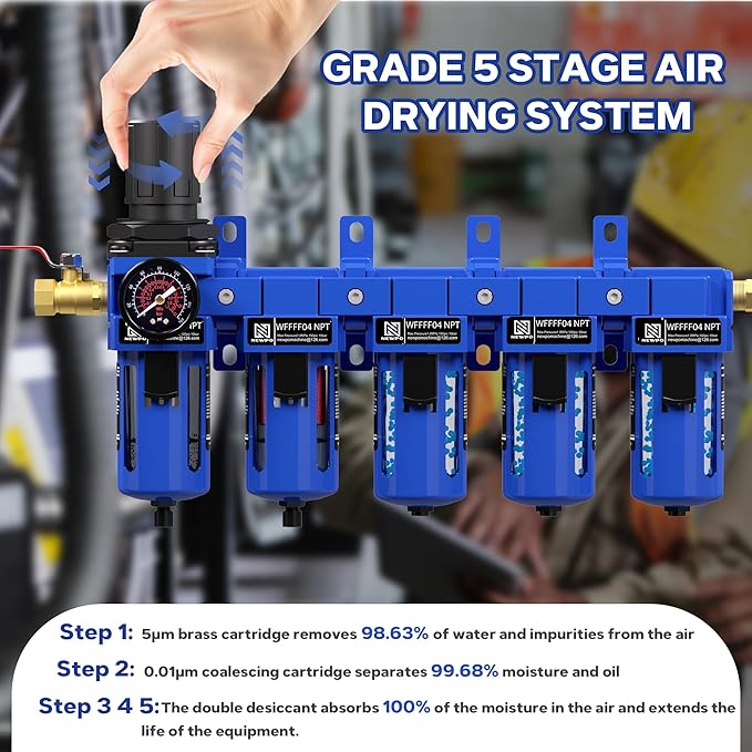 NEWPO 1/2" NPT 5 Stage Air Dryer for Compressor,Brass Coalecsing Filter,Triple Desiccant Dryer & Air Drying System,Air Pressure Regulator with Semi-Auto Drain (Blue)