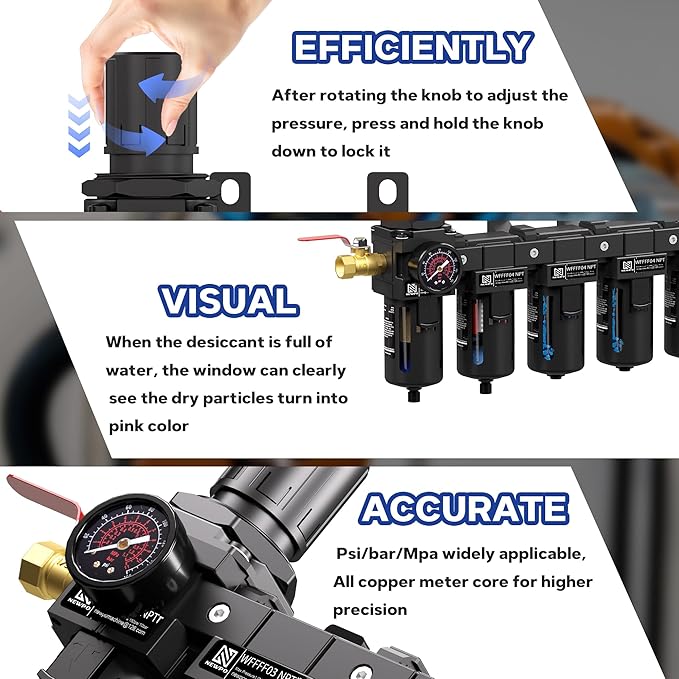 NEWPO 1/2" NPT 5 Stage Air Dryer for Compressor,Air Compressor Water Separator System with 5＆0.01 Micron Filter Cartridge & Triple Desiccant Dryer,Metal Bowl Semi-Auto Drain (Black)