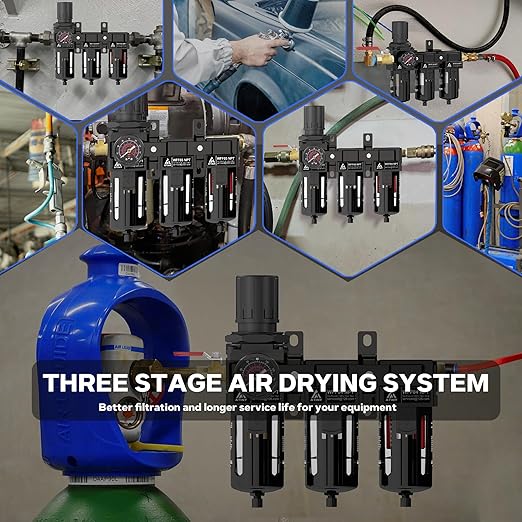 Three Stage Air Drying System, 3/8" NPT Air Dryer System Air Compressor Filter Dryer,5 &0.5 &0.01 Micron Filter Cartridge,Semi-Auto Drain, Metal Bracket-Blue