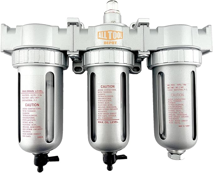 3/8" NPT MID FLOW 3 Stages Filter Coalescing Desiccant Dryer System For Compressed Air Lines, Poly Bowls, Great For Paint Spray And Plasma Cutter (MANUAL DRAIN)