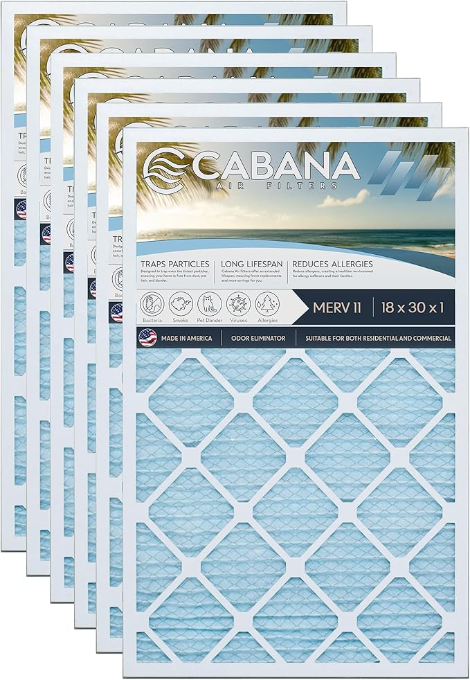 Cabana Filters 6-Pack 18x30x1 MERV 11 AC Furnace Air Filter for Home and Office - Indoor HVAC System Filtration Replacement, Captures Unwanted Particles