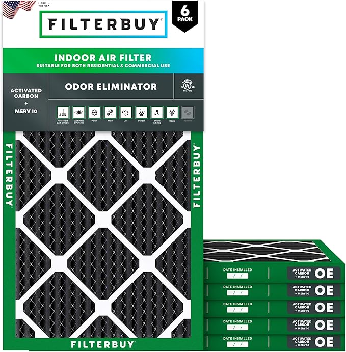 Filterbuy 16x25x1 Air Filter MERV 10 Odor & Allergy Defense with Activated Carbon (6-Pack), Electrostatic Pleated HVAC AC Furnace Filters Replacement, Made in USA (Actual Size: 15.50 x 24.50 x 0.75)
