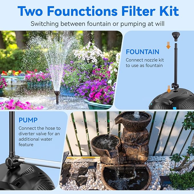 POPOSOAP Pond Filter with 55W Solar Fountain Pump, Solar Pond Filter with 580GPH Pump & Fountain Kit – Outdoor Filter Box with 6.6FT PVC Tubing, Perfect for Koi Ponds, Waterfalls, Water Features