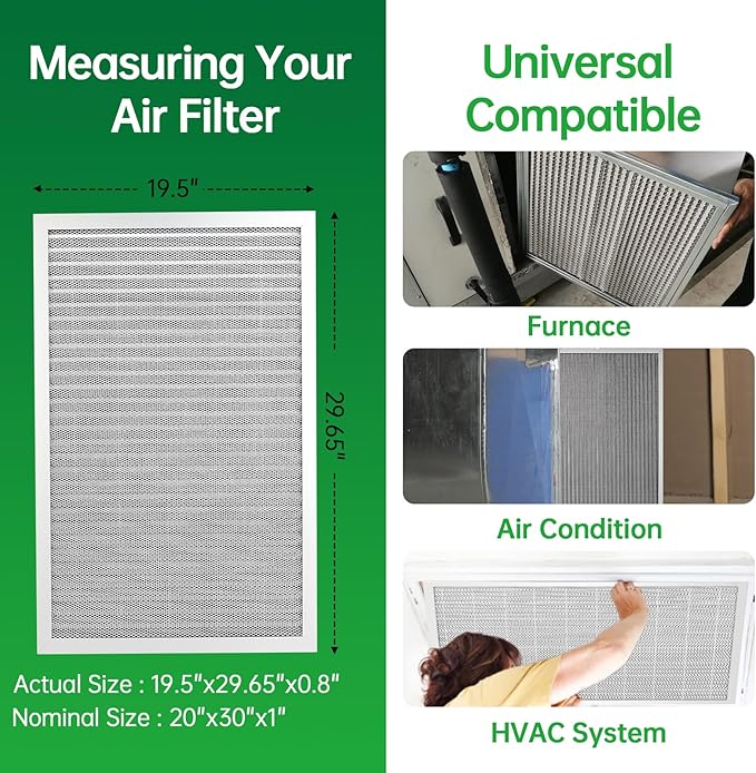 20x30x1 Air Filter Electrostatic Filter Reusable Washable HVAC AC Furnace Filter,MERV 8,Lasts a Lifetime, Healthier Home or Office(Actual Size:19.75x29.65x0.8 Inch)