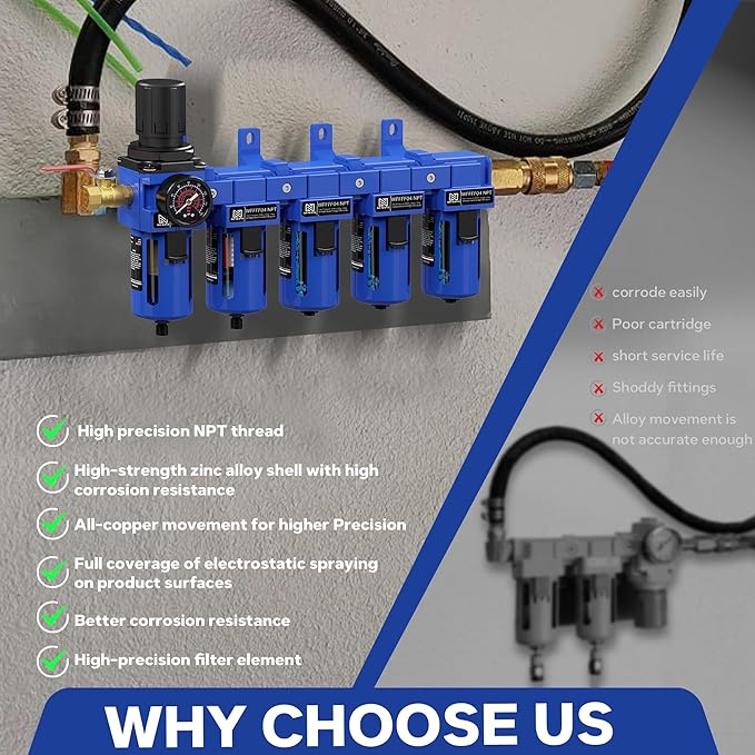NEWPO 1/2" NPT 5 Stage Air Dryer for Compressor,Brass Coalecsing Filter,Triple Desiccant Dryer & Air Drying System,Air Pressure Regulator with Semi-Auto Drain (Blue)