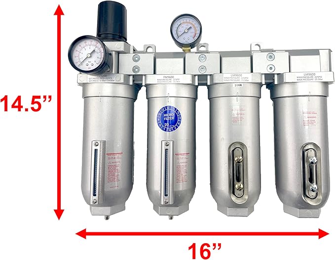 4 STAGE SUPER DUTY INDUSTRIAL GRADE ULTRA CLEAN FILTER REGULATOR COALESCING DESICCANT DRYER SYSTEM FOR COMPRESSED AIR LINES METAL BOWLS GREAT FOR PAINT SPRAY AND PLASMA CUTTER (1"NPT MANUAL DRAIN)