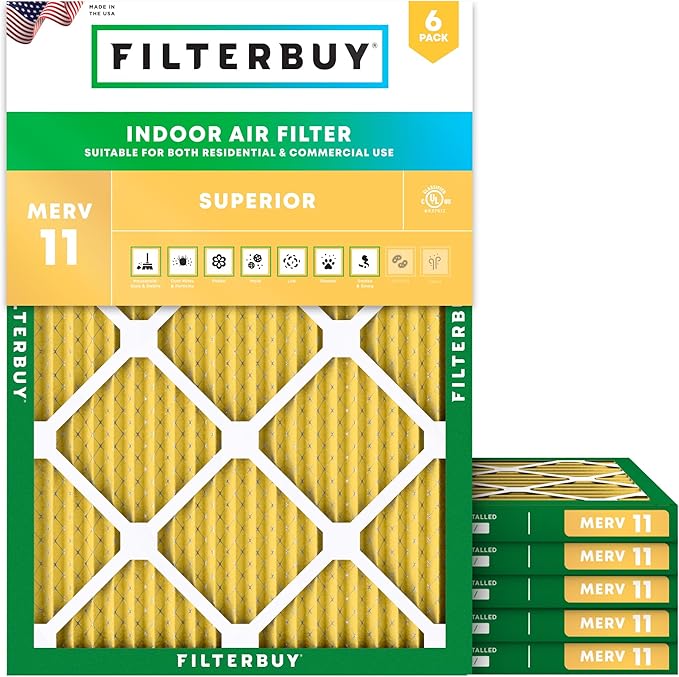 Filterbuy 16x21x1 Air Filter MERV 11 Superior Pet & Allergy Defense (6-Pack), Electrostatic Pleated HVAC AC Furnace Filters Replacement, Made in USA (Actual Size: 15.50 x 20.50 x 0.75)