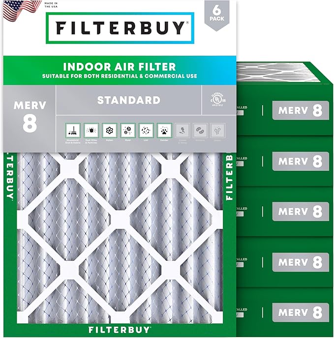 Filterbuy 13x20x4 Air Filter MERV 8 Essential Dust & Allergy Defense (6-Pack), Electrostatic Pleated HVAC AC Furnace Filters Replacement, Made in USA (Actual Size: 13.00 x 20.00 x 3.63)