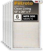 Filtrete 12x20x1 Air Filter, MPR 300, MERV 5, Clean Living Basic Dust 3-Month Pleated 1-Inch Air Filters, 6 Filters