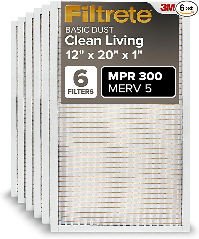 Filtrete 12x20x1 Air Filter, MPR 300, MERV 5, Clean Living Basic Dust 3-Month Pleated 1-Inch Air Filters, 6 Filters