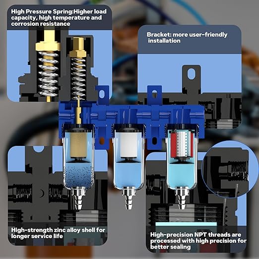 3 Stage Air Dryer 1/4" NPT,Air Dryer System Air Compressor Filter Dryer,Air Dryer for Compressor,5 &0.5 &0.01 Micron Filter Cartridge,Semi-Auto Drain, Metal Bracket-Blue