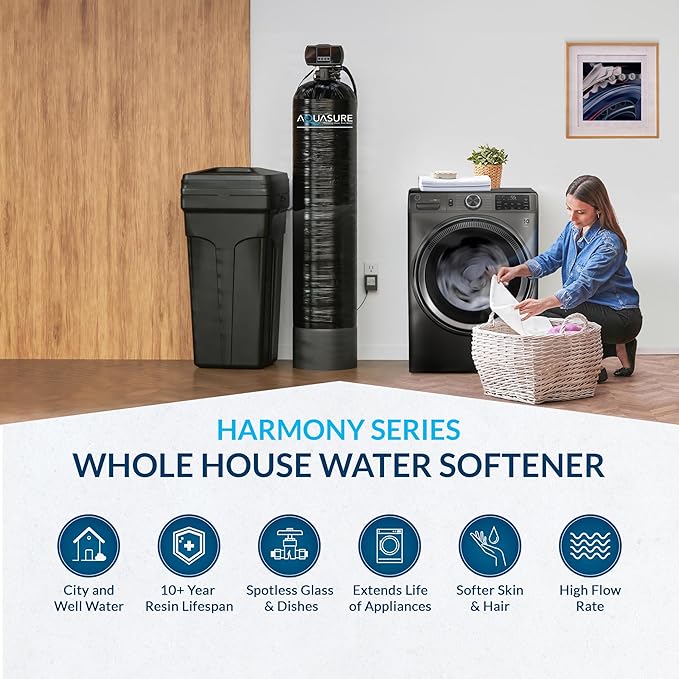 64,000 Grain Aquasure Harmony Whole House Water Softener - Reduces Hardness & Minerals, Improves Water Quality, For 4+ Bathrooms
