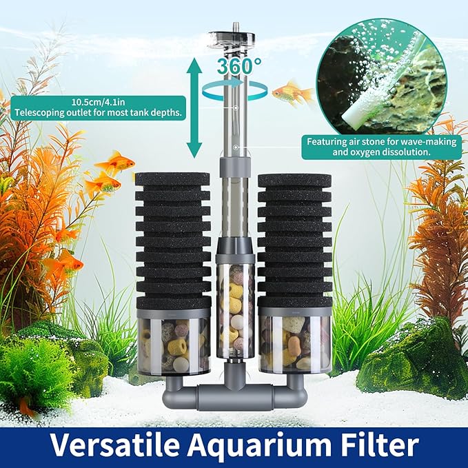Dual Sponge Aquarium Filter, Air-Powered, 10–20 Gal – Ultra-Quiet Bio-Sponge Filtration | Freshwater & Saltwater | Easy Setup