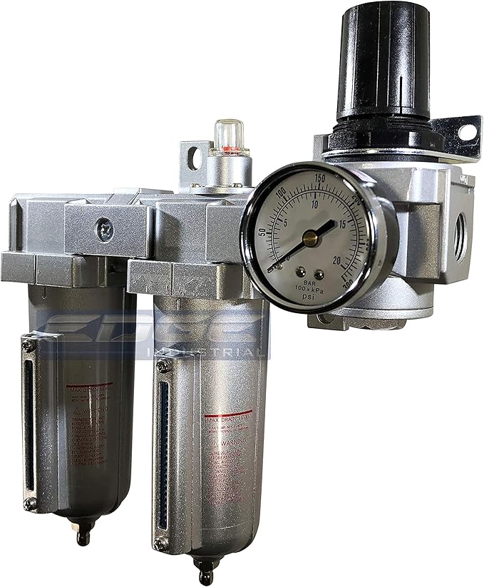 INDUSTRIAL RATED Three Stage Air Drying System - Air Particulate Filter, 0.01 Micron Coalescing Filter & Air Pressure Regulator Modular Combo 3, Metal Bowl (1/2" MANUAL DRAIN)
