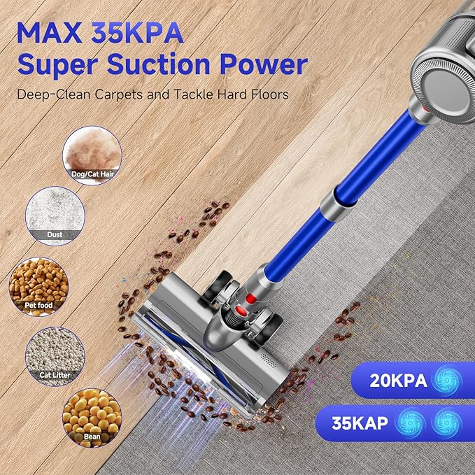 Cordless Vacuum Cleaner, 8 in 1 40Kpa 55Mins,Lightweight Vacuum Cleaners for Home, Stick Vacuum with Anti-Tangle Brush,Wall Mount, Rechargeable Cordless Vacuum for Floor/Sofa/Pet Hair, Blue