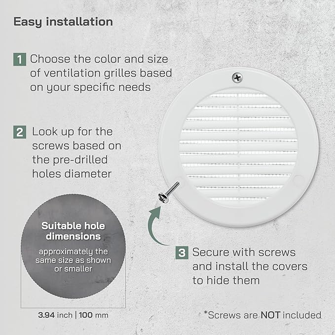 Vent Systems 4" Inch (Opening Dimensions) - Pack of 5 - White Soffit Vent Cover - Plastic Round Air Vent Grille - Built-in Mesh Screen - HVAC Register Louver for Bathroom, Home, Kitchen