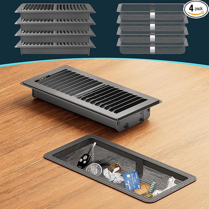 Floor Register 4 x 10 Inch, HG Power 4 Pack Heavy Duty Floor Vent Covers for Home with Screen Net, Adjust Metal Rust Proof Finish Air Vent for Kitchen, Heat, Office