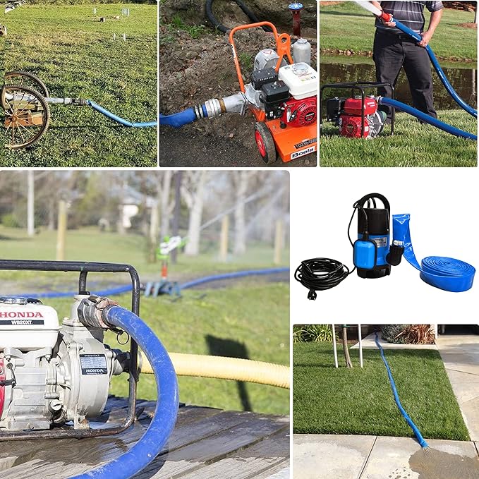 DAVCO 3" x 25 ft Pool Backwash Hose, 3” Diameter and 5” Flat Wide Heavy Duty Reinforced Blue PVC Lay Flat Water Discharge Pump Hoses For Swimming Drain Pools and Clean Filters,with 1 Clamp