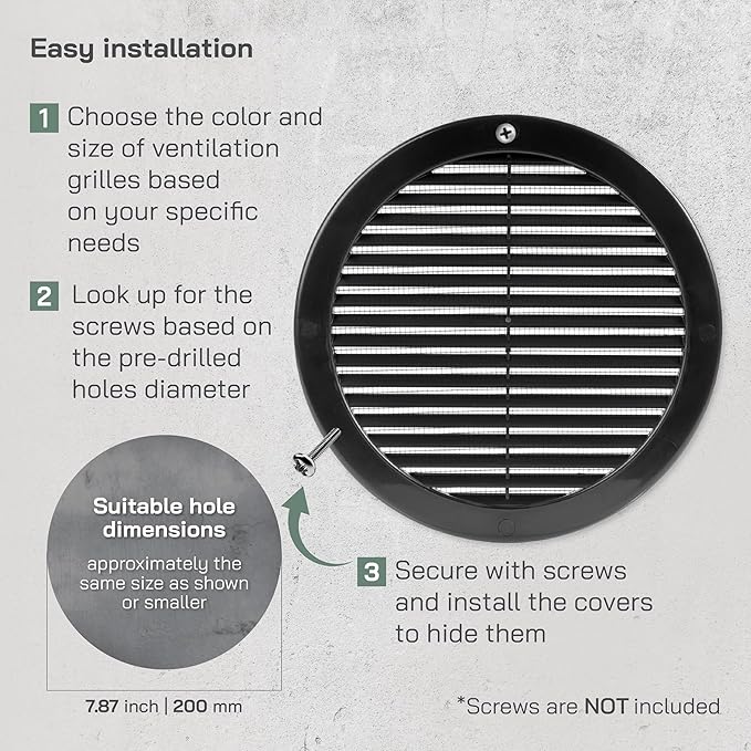 Vent Systems 8" Inch (Opening Dimensions) - Pack of 2 - Black Soffit Vent Cover - Plastic Round Air Vent Grille - Built-in Mesh Screen - HVAC Register Louver for Bathroom, Home, Kitchen