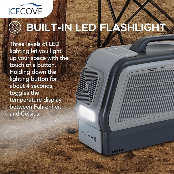 IceCove Portable Air Conditioner with Add-on Battery, 2500BTU Portable Car AC Unit, 250W Low Power Consumption, 25.5VDC, 2 Fan Speed, 3 Light Mode for Tent Camping RV Truck Van Life Home, Gray