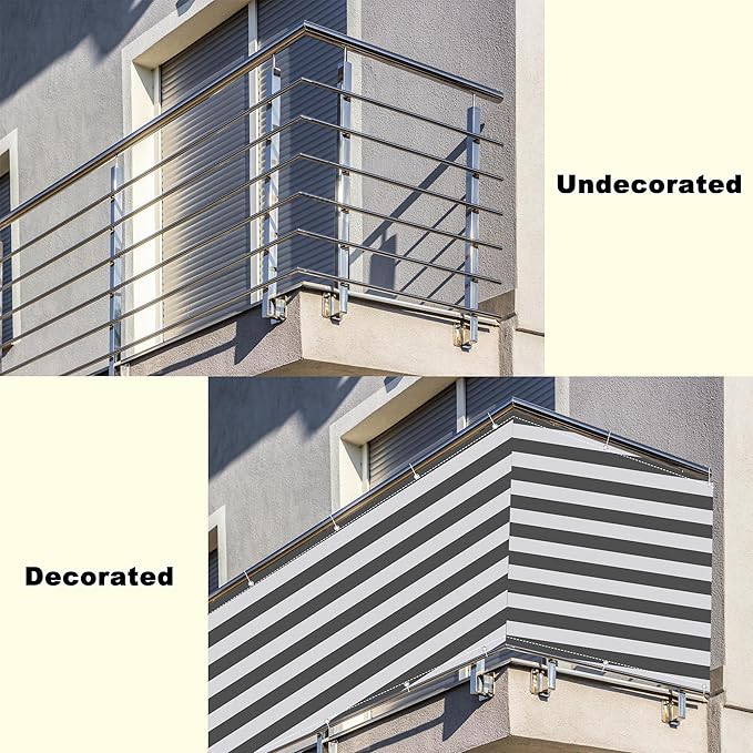 Privacy Screen Protector 2.8' x 9.8' UV-Resistant Visibility Reduction Patio Privacy Screens for Balcony, Included Cable Ties for Decks, Patios, Backyards, Pools, Porches, Railings, Gray Stripes