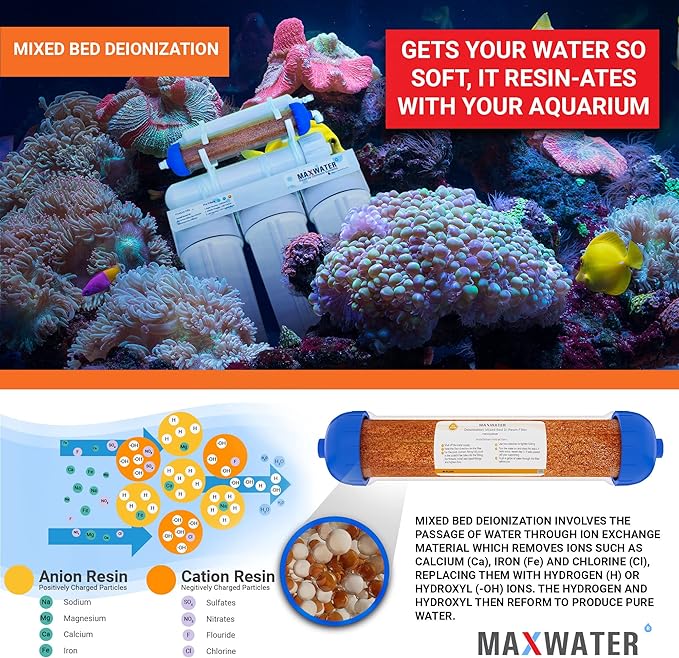 Max Water Mixed Bed Ion Exchange RODI Aquarium Filter Resin Replacement Cartridge, Compatible with 10" Reverse Osmosis Water Filtration System