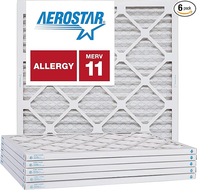 Aerostar 25x25x1 MERV 11 Air Filter, Pleated AC Furnace HVAC Filters (24.5x24.5x0.75), for Allergies Asthma Dust Pet Dander Smoke Bacteria Viruses, MPR 1500 FPR 10, USA, 6 Pack