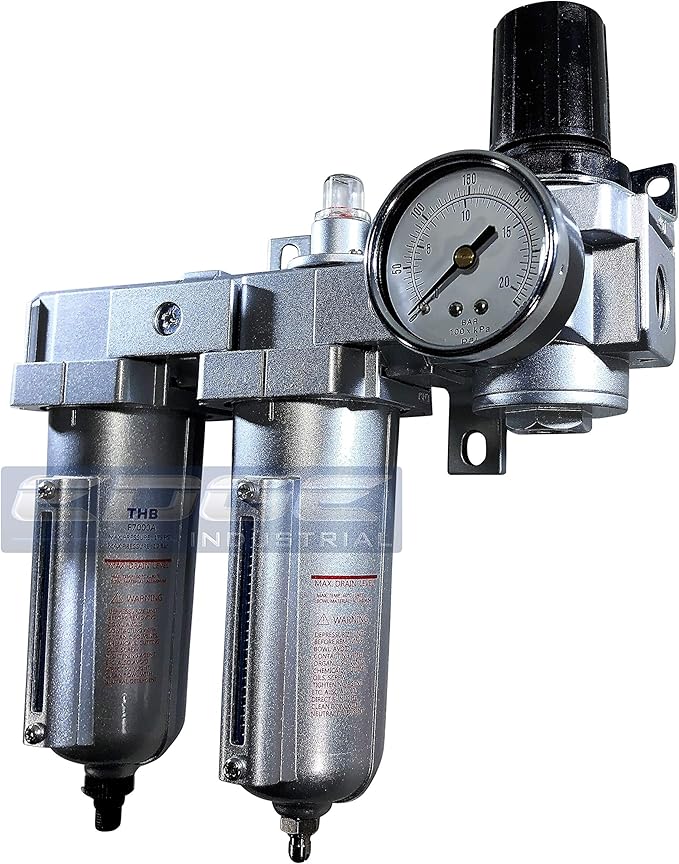 INDUSTRIAL RATED Three Stage Air Drying System - Air Particulate Filter, 0.01 Micron Coalescing Filter & Air Pressure Regulator Modular Combo 3, Metal Bowl (1/2" AUTO DRAIN)