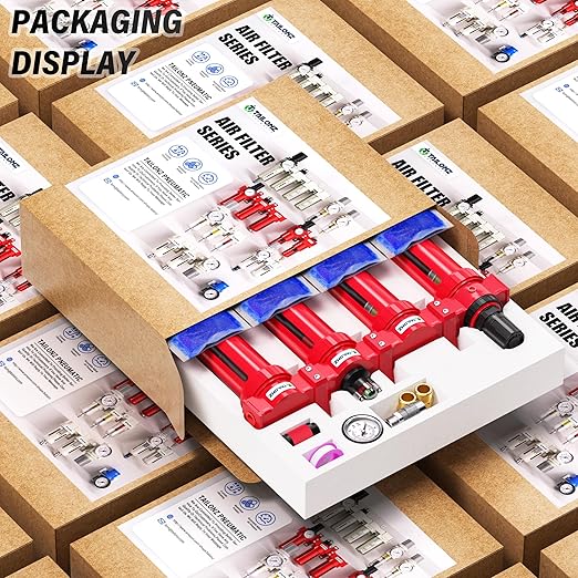 TAILONZ PNEUMATIC 3/8 Inch NPT 0-150 PSI Red Industrial Grade 4 Stage Air Drying System, Double Particulate Filter, Coalescing Filte,Desiccant Dryer and Air Regulator Manual Drainage