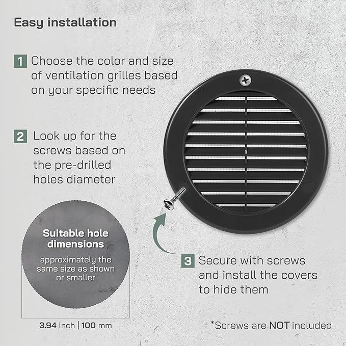 Vent Systems 4" Inch (Opening Dimensions) - Pack of 100 - Black Soffit Vent Cover - Plastic Round Air Vent Grille - Built-in Mesh Screen - HVAC Register Louver for Bathroom, Home, Kitchen