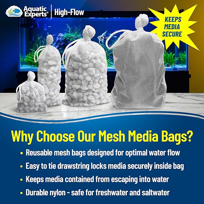 Aquatic Experts High Flow Filter Media Bag - Durable Filter Bags for Fish Tank, Secure Aquarium Media Bag with Drawstring, Media Bags for Aquarium and Pond, High Flow (White), 5" x 9" - 4 Pack